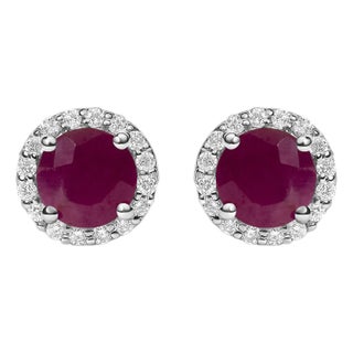 10K White Gold Red Ruby and 1/6 Cttw Diamond Halo Stud Earring For Sale