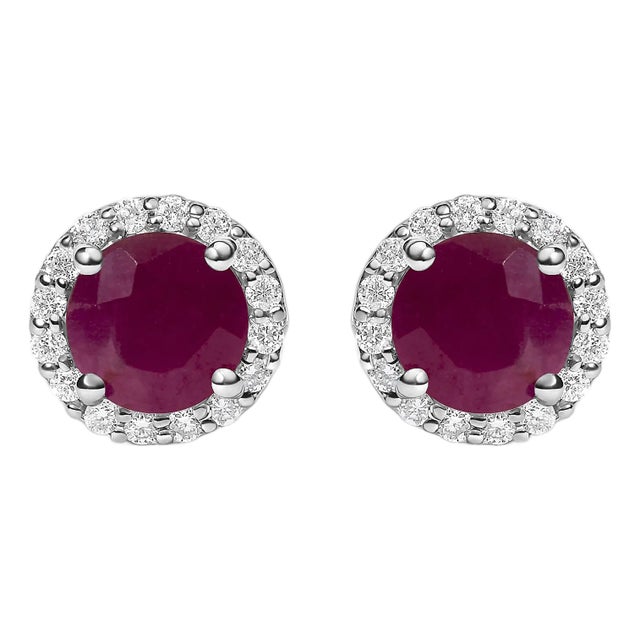 10K White Gold Red Ruby and 1/6 Cttw Diamond Halo Stud Earring For Sale