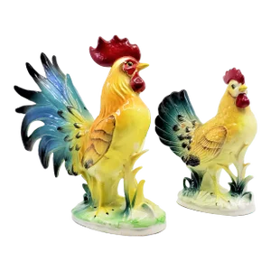 1960s Norcrest Porcelain Phoenix Chicken Figurine Table Sculptures, Signed Norcrest Japan- Set of 2