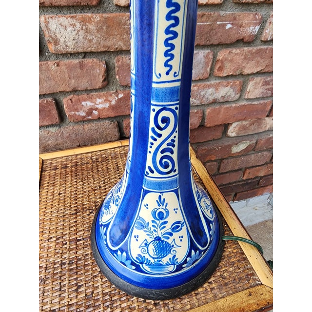 Metal Antique Delft Candlestick Lamp With Navy Silk Shade For Sale - Image 7 of 12