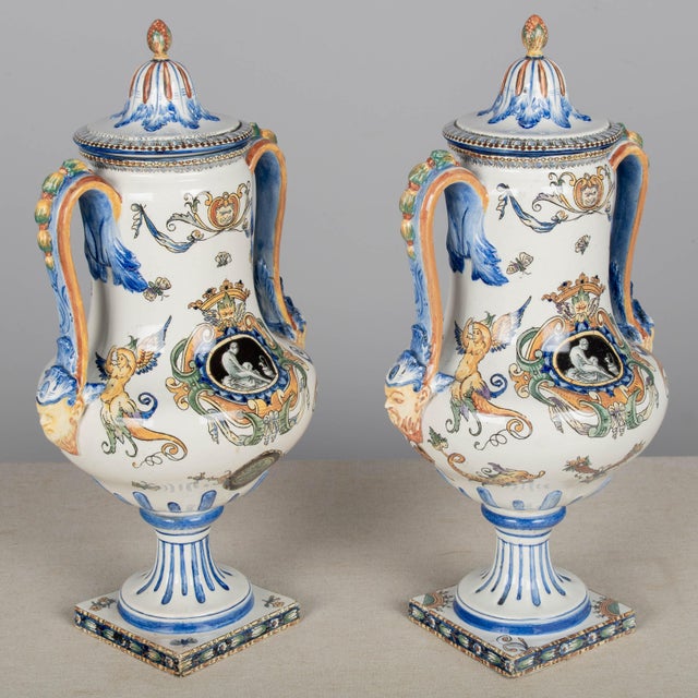 Pair of 19th Century French Gien Faience Urns For Sale In Orlando - Image 6 of 15