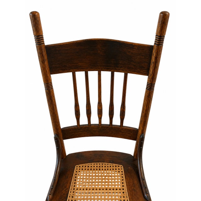 Antique Oak Pressed-Back Dining Chair With Cane Seat and Turned Spindles For Sale - Image 4 of 8