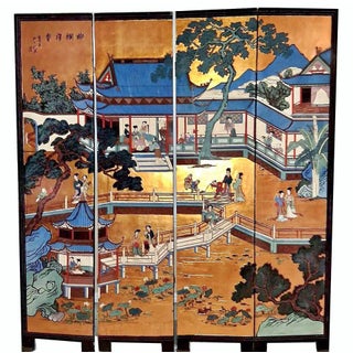 Vintage Oriental Asian Palace City Coromandel Chinoiserie Gold Four Panel Screen For Sale