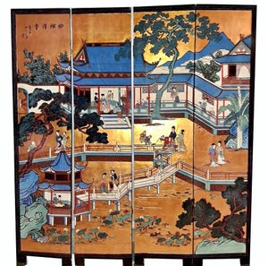 Vintage Oriental Asian Palace City Coromandel Chinoiserie Gold Four Panel Screen