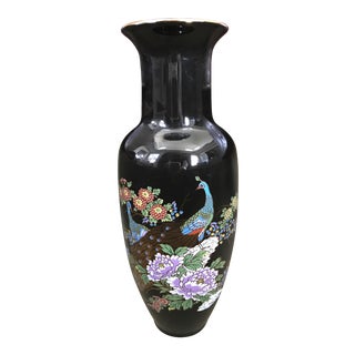 Japanese Black Peacock & Peonies Vase For Sale