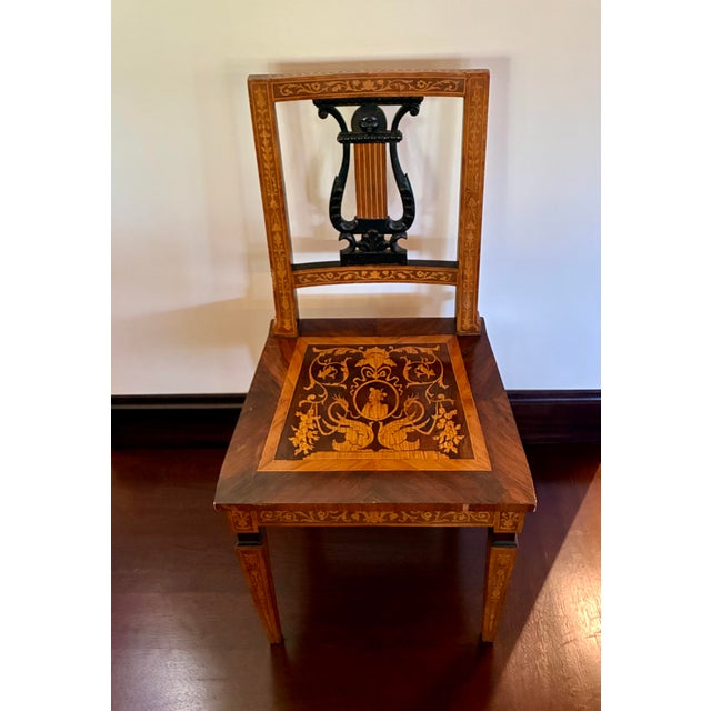 Fine Inlaid Marquetry Lyre-Back Side Chair, France, C. 1900 For Sale - Image 4 of 11