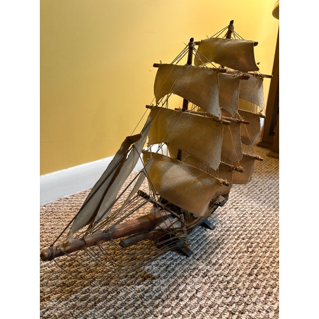 1940s Vintage Handcrafted 3 Masted Wooden Ship Model With Fabric Sails For Sale - Image 5 of 7
