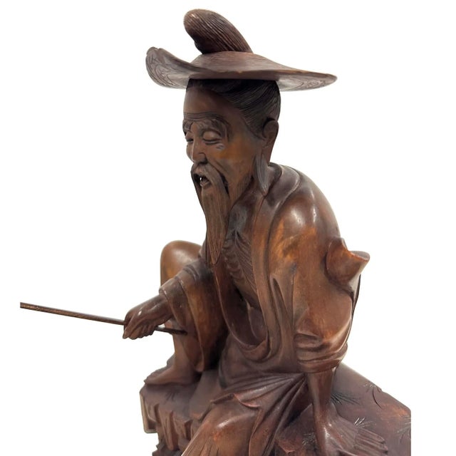 1950s Mid-20th Century Chinese Wooden Carved Jiang Taigong Fishing Statue For Sale - Image 5 of 13