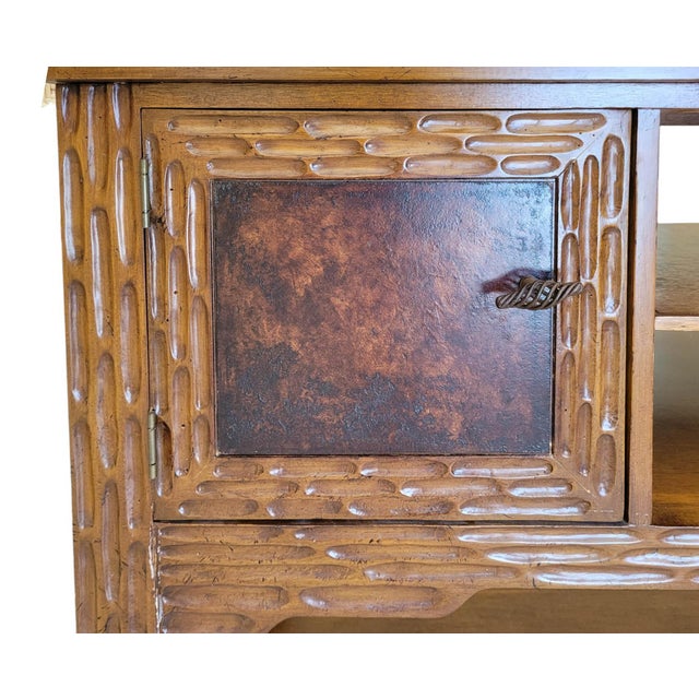 1980s Spanish Revival Hand-Gouged Wood Media Console Credenza With Shelf For Sale - Image 9 of 11