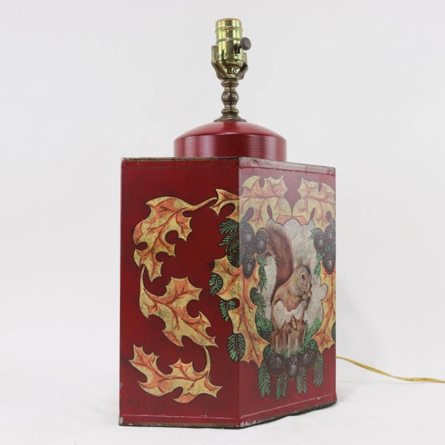 Vintage Colorful Hand-Painted Autumn Squirrel Hexagonal Tea Can Table Lamp For Sale In New York - Image 6 of 11