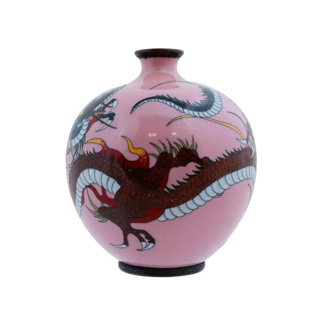Antique Meiji Japanese Cloisonne Pink Enamel Goldstone Vase Dragons For Sale - Image 4 of 6