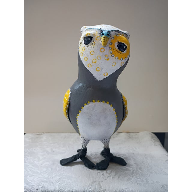 1990s Whimsical Handmade Paper Mâché Folk Art Owl Figurine - For Sale - Image 5 of 8