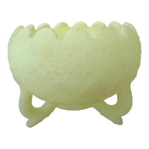 Vintage Fenton Custard Uranium Glass Bowl With Hydrangea Pattern and Tripod Legs