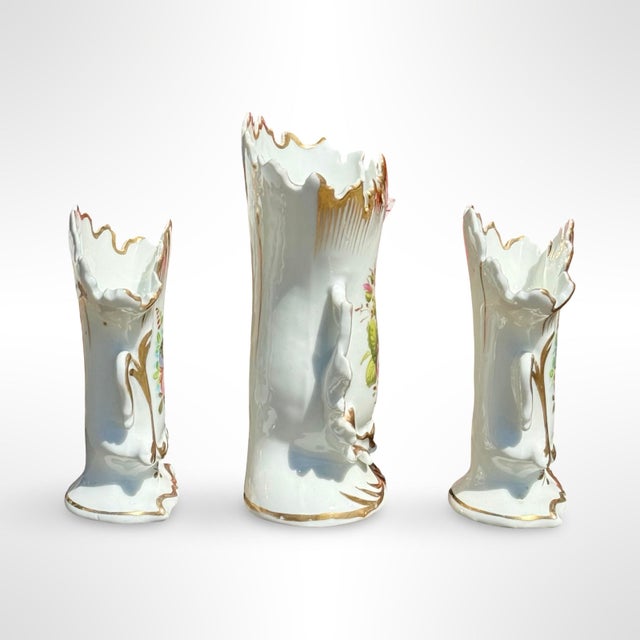 White Antique French Paris Porcelain Ruffled Bridal Spill Vases With Hand-Painted Florals & Gold, Set of 3 For Sale - Image 8 of 10