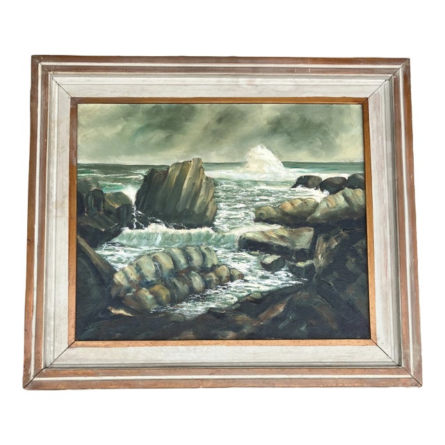 1950’s Original Vintage Modernist Rocky Seascape Painting Original Modernist Frame Signed For Sale