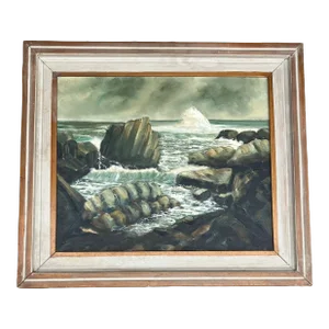 1950’s Original Vintage Modernist Rocky Seascape Painting Original Modernist Frame Signed
