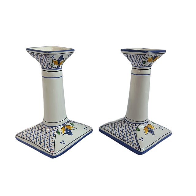 1980s Vintage Tiffany & Co. Hand-Painted Portuguese Blue and White Candlesticks - A Pair For Sale - Image 5 of 7