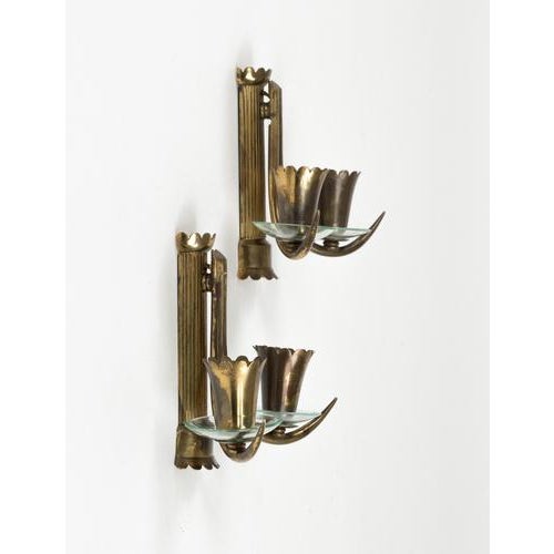 Gio Ponti Mid-Century Sconces in Brass and Glass in the style of Gio Ponti, Italy, 1950s For Sale - Image 4 of 17