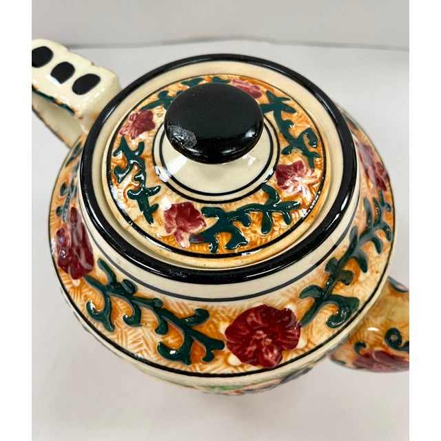 Vintage Majolica Teapot With Asian Designs For Sale - Image 9 of 12