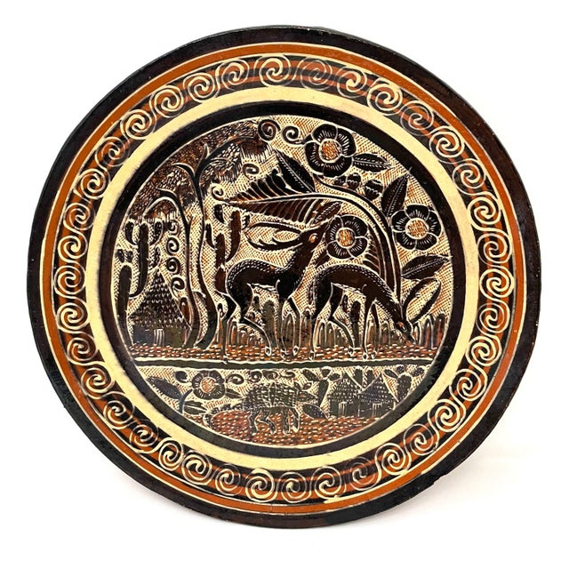 Sculpture Materials 2 Tlaquepaque 'Petatillo Noche-Style' Handpainted Plates From Jalisco, Mexico - 12" & 14" Diam. For Sale - Image 7 of 11