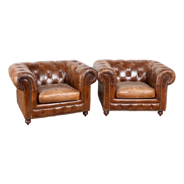 Pair of 20th Century English Chesterfield Club Chairs For Sale