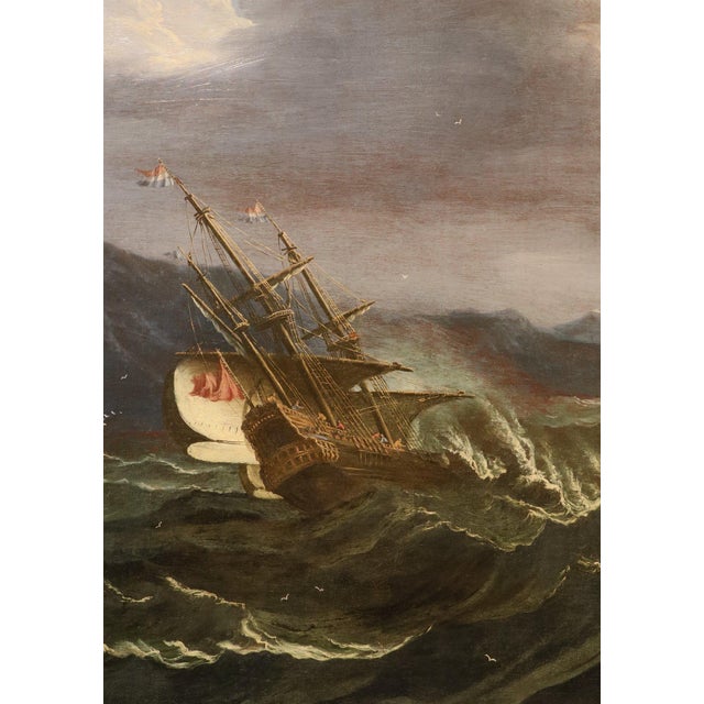 Workshop of Matthieu Van Plattenberg, Stormy Navy with Vessels, 1700, Oil on Canvas For Sale - Image 8 of 15