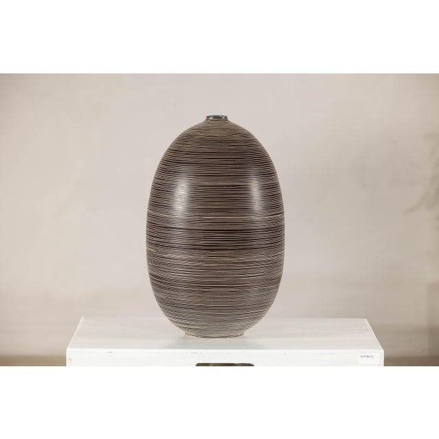 Large Artisan Ceramic Vase with Fine Linear Decoration in Brown and Cream For Sale - Image 9 of 16