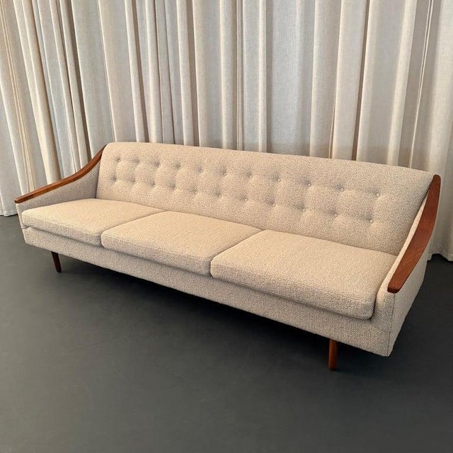 1960s Scandinavian Modern Cream Upholstered Sofa With Teak Accents For Sale - Image 9 of 12