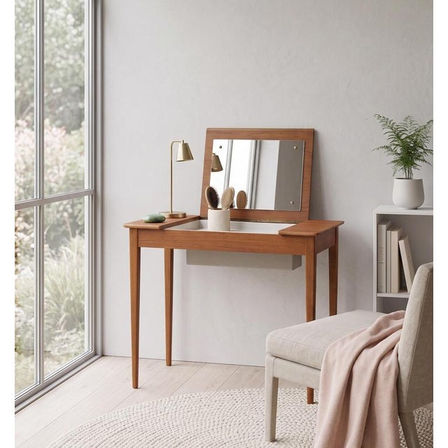 Elegant vanity table in teak, produced in Denmark during the 1960s. The design features slender proportions, clean lines,...