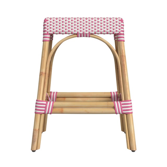 Spritely Home Accent Furniture Robias 24.5 in. Seat Height Rectangular Rattan Backless Counter Stool with Footrest, White/Pink Dot/ Natural Rattan Frame For Sale - Image 4 of 7
