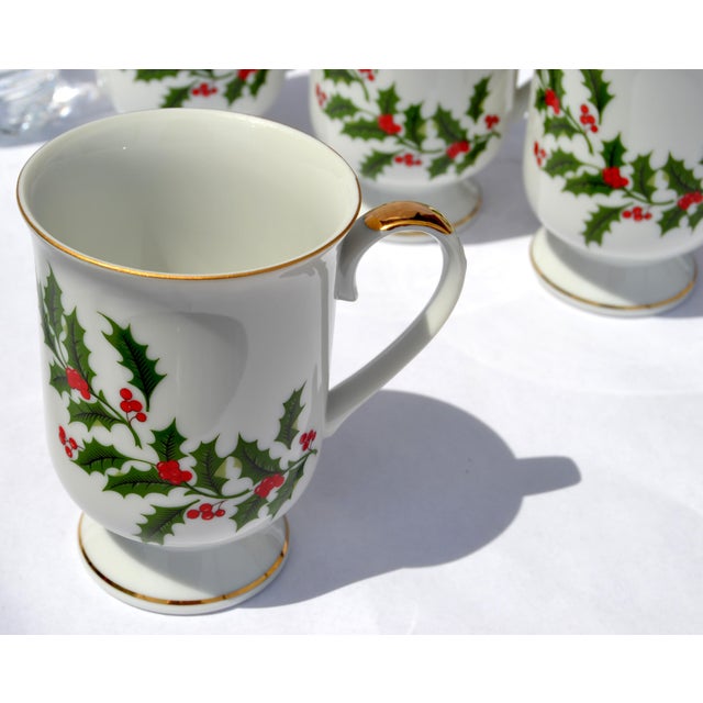 Set 4 Japan Porcelain & Gold Trim Footed Mug Christmas Holly by All the Trimmings For Sale - Image 13 of 16