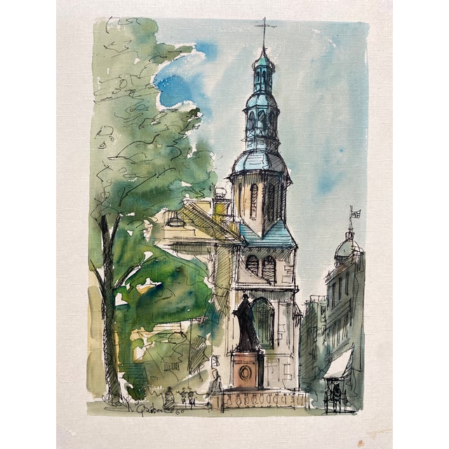 Jacques Schyrgens (born 1923) MCM Canadian watercolor of the Cathedral-Basilica of Notre-Dame de Québec with the monument...