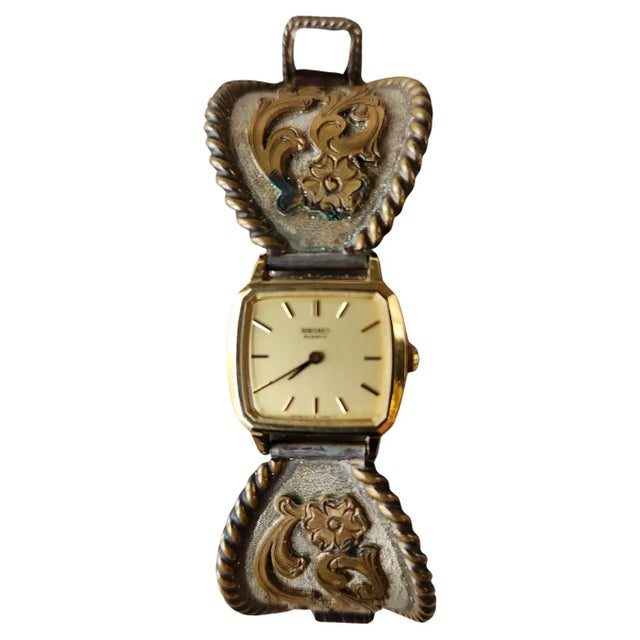Gold 1970s Western Watch Sterling Silver Leather Band For Sale - Image 8 of 18
