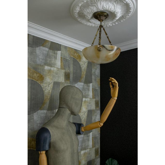 French Art Deco Cream Alabaster and Brass Pendant Light, 1920s For Sale - Image 10 of 18