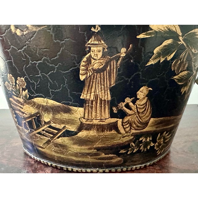 Chinoiserie Black With Gold Accents Painted Tole Chinoiserie Cachepot With Ring Handles For Sale - Image 3 of 8