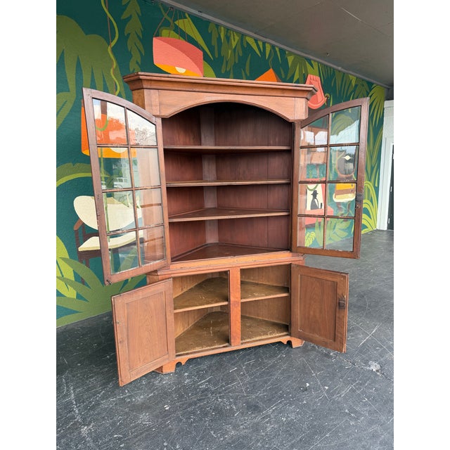Antique Early American Cherry Wood Glass Door Corner Cabinet For Sale - Image 4 of 9