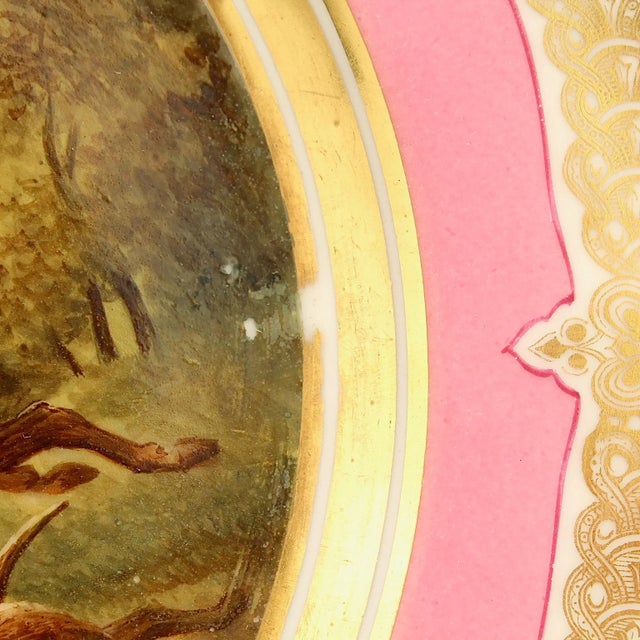 Antique 19th Century Pink Border Hand Painted Paris Porcelain Plate With Deer Hunt and Dog Scene For Sale - Image 10 of 12