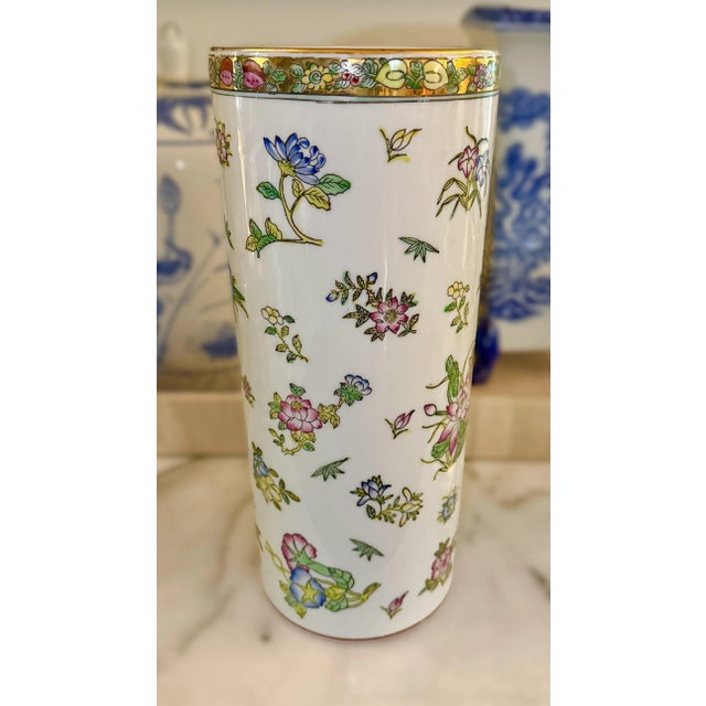 Vintage 12" Hand-Painted Porcelain Cylinder Vase – Japanese Ware, Decorated in Hong Kong A striking porcelain vase...