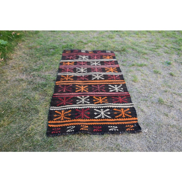 1960s Traditional Ethnic Vintage Black Handmade Wool Turkish Kilim Rug Size: 2.6 x 5 ft - 77 x 150 cm - 30 x 59 inches...