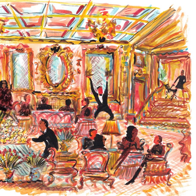 A busy scene takes place in an ornate lobby where the guests enjoy their happy hour cocktails with rushing waitings...