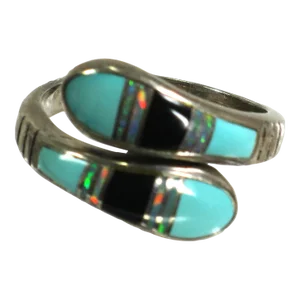 Vintage 1970s Zuni Sterling Turquoise Opal Onyx Bypass Ring Size 7