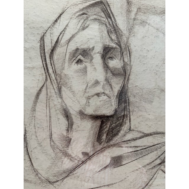Original signed charcoal portrait drawing by William Oberman, dated 1953. The work depicts a hooded female figure rendered...