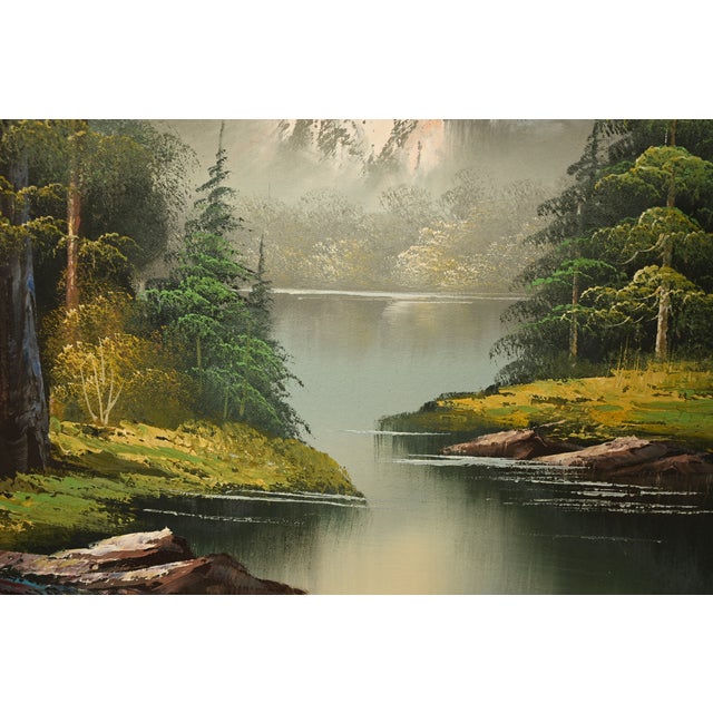 Mid 20th Century Bob Ross Style Original Signed Lakeside Mountain Landscape Oil Painting in Carved Wood Frame For Sale - Image 5 of 16