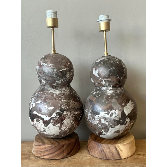 Vintage Boho Artisanal Scagliola Pigmented Plaster Gourd Lamps - A Pair For Sale - Image 4 of 7