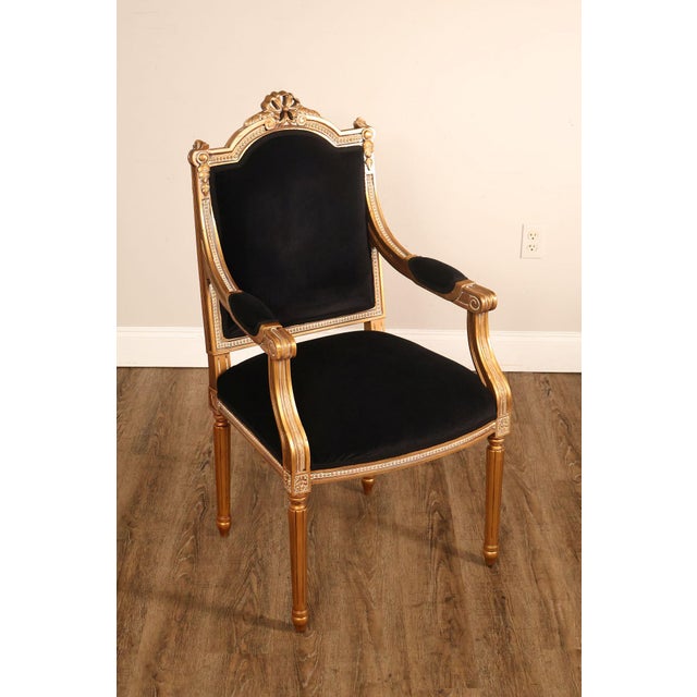 High Quality French Style Louis XVI Armchair Featuring A Giltwood Frame With Carved Floral And Ribbon Crest, Beaded Trim...