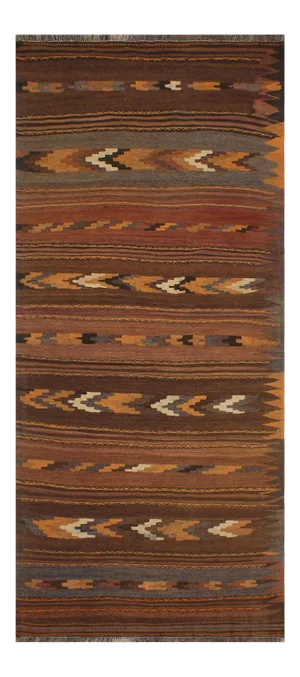 1950s Vintage Turkish Tribal Kilim Brown Beige Hand-Woven Area Rug
