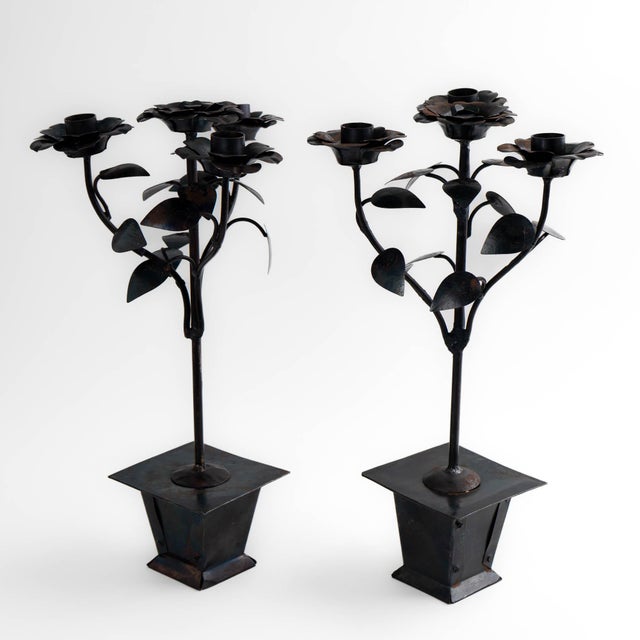 Vintage Hand-Forged Iron Rose Candelabra Set For Sale - Image 12 of 12