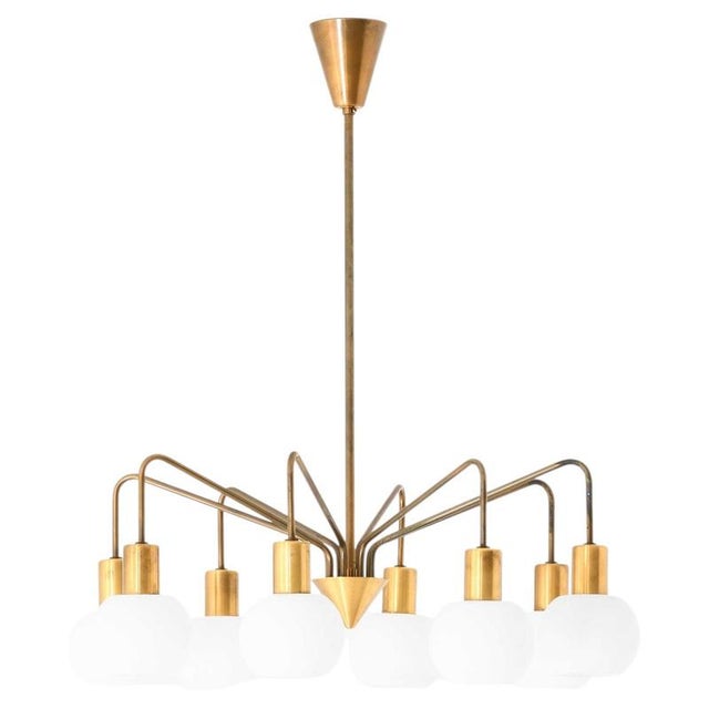Scandinavian Modern Chandelier in Brass and Opaline Glass, 1950s For Sale - Image 11 of 11