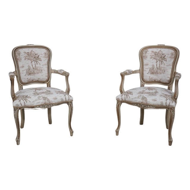 Pair of Safari Print French Louis XV Style Armchairs For Sale