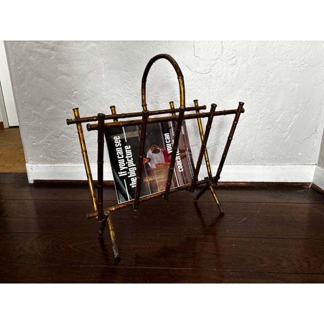 Hollywood Regency 1960s Hollywood Regency Italian Metal Gilt Faux Bamboo Magazine Stand For Sale - Image 3 of 4